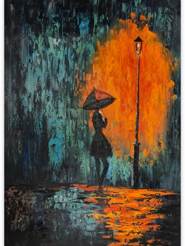 The Woman with an Umbrella Under the Streetlight