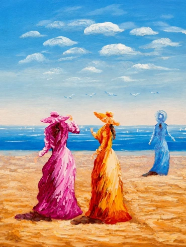Three Elegant Ladies by the Sea