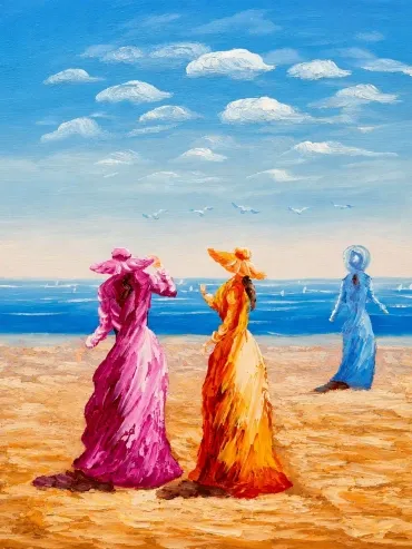 Three Elegant Ladies by the Sea